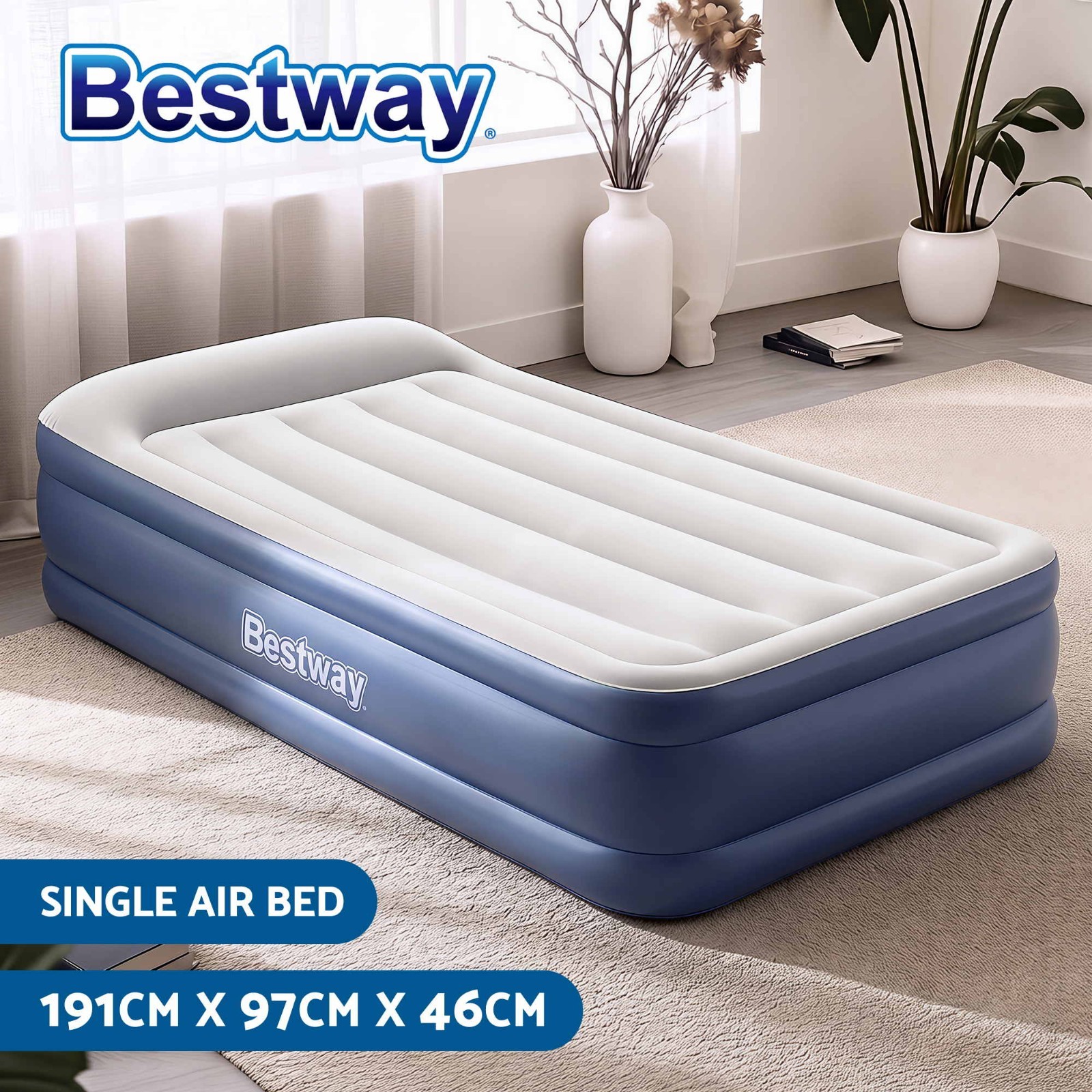 Bestway Air Bed Single Mattress Built-in Pump Navy Flocked Carry Indoor Outdoor