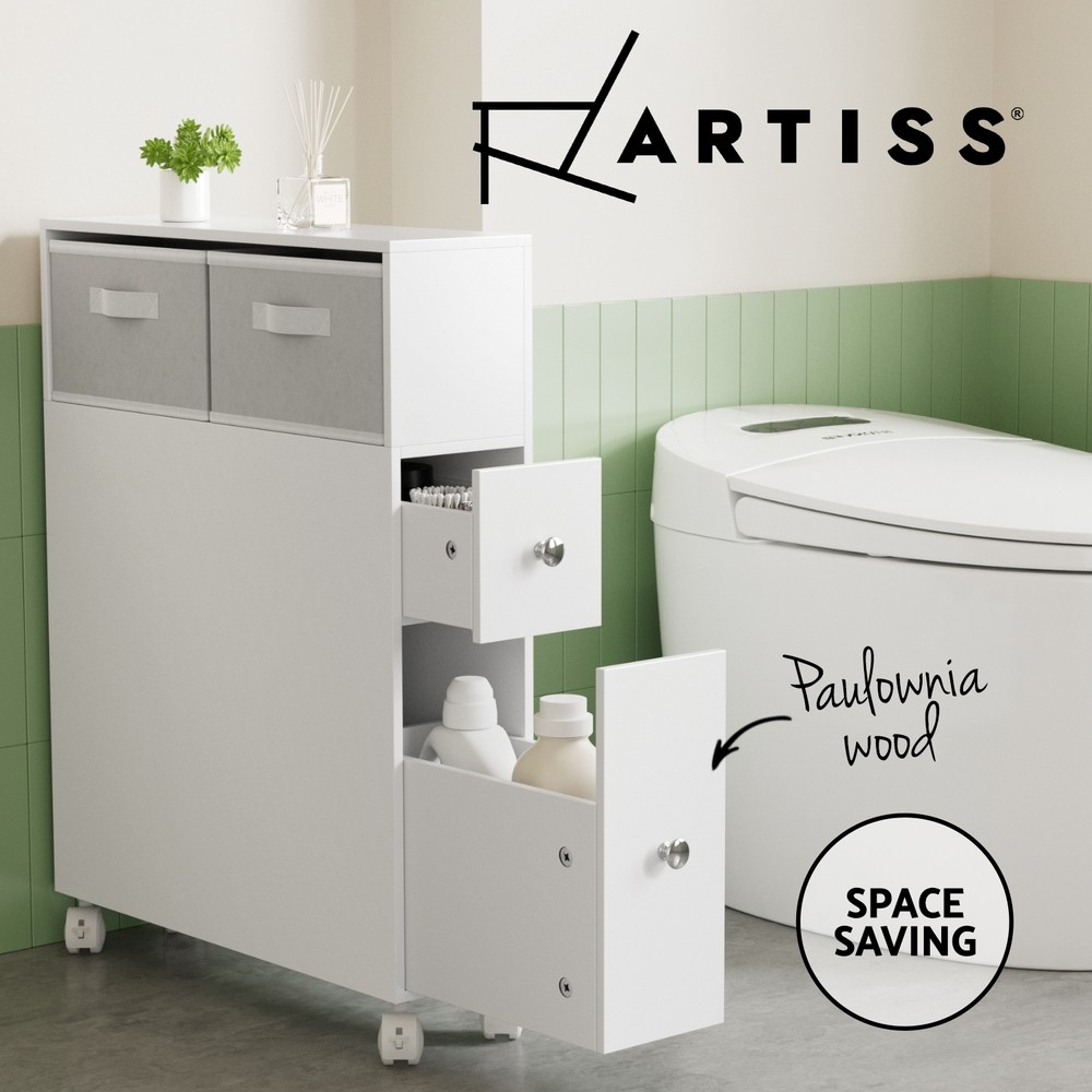 Artiss Bathroom Toilet Storage Caddy Cabinet White Basket Wheels Free Standing