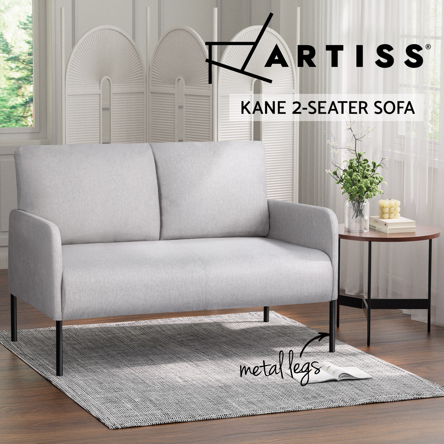 Artiss Kane 2-Seater Sofa Linen Grey Ottoman Included Metal Frame Foam 117 cm
