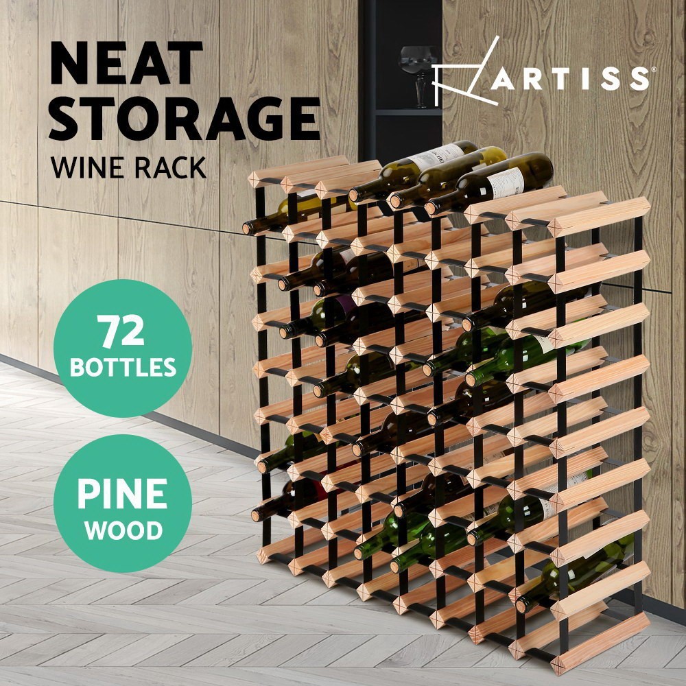 Artiss 72 Bottle Timber Wine Rack WINERACK72B Pine Steel Freestanding 23.5cm