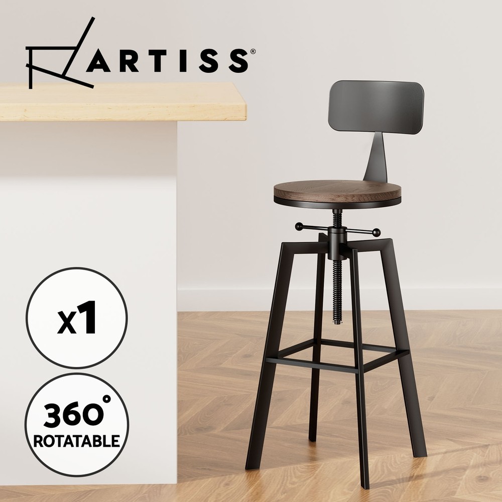 Artiss Angus Bar Stool Adjustable Wood Seat Steel Black w/Backrest 3600 Swivel