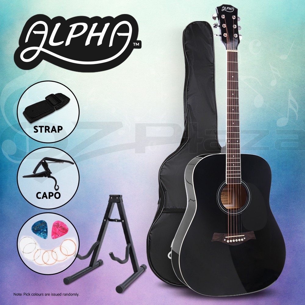 Alpha 41 Inch Electric Acoustic Guitar Dreadnought 21-Fret Black Gig Bag Strap