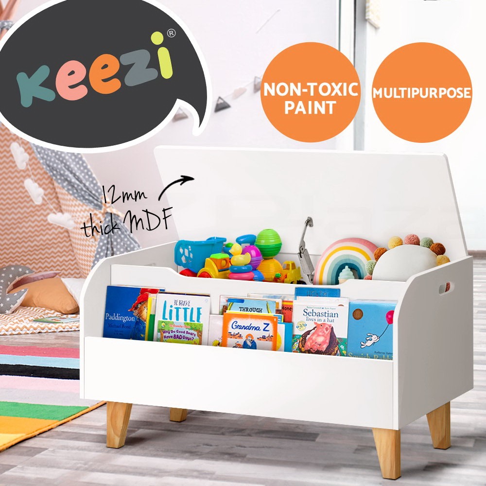 Keezi Kids Toy Box Bookshelf 2-in-1 MDF Storage White Natural 80cm 28cm x 44.5cm