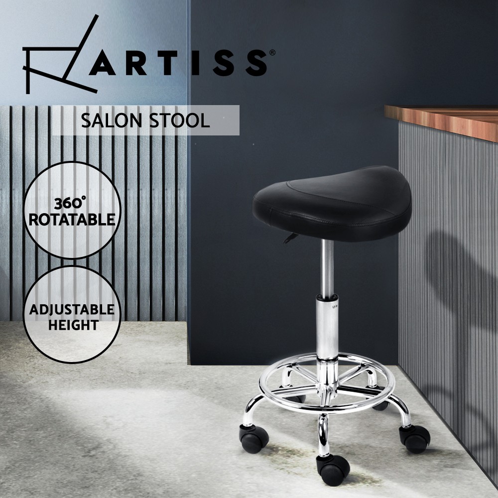 Artiss Saddle Salon Stool Adjustable Black PU Leather 360rotatable 150kg Swivel