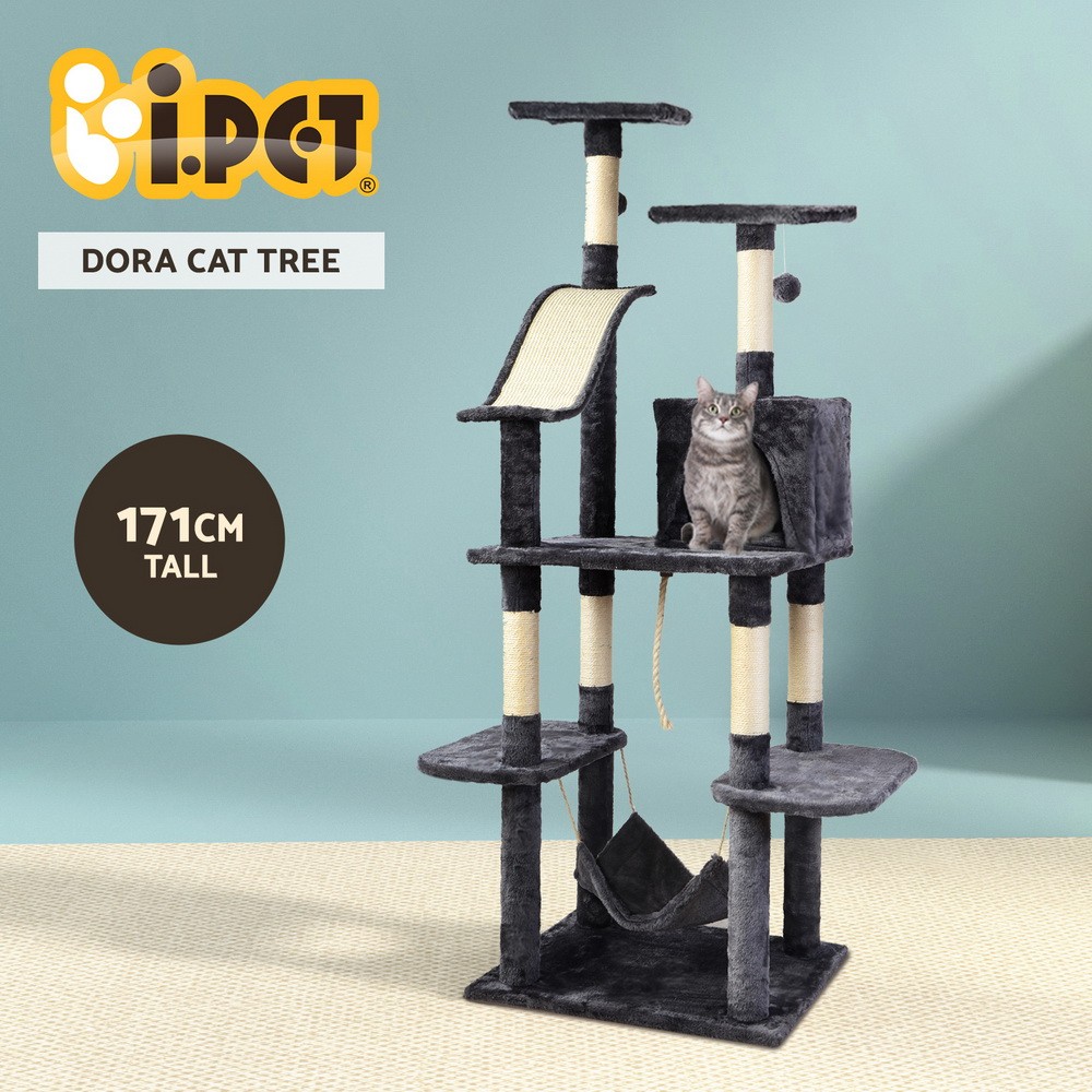 i.Pet Cat Tree Tower 171cm Scratching Post Grey Sisal Plush Hammock Bed Cube