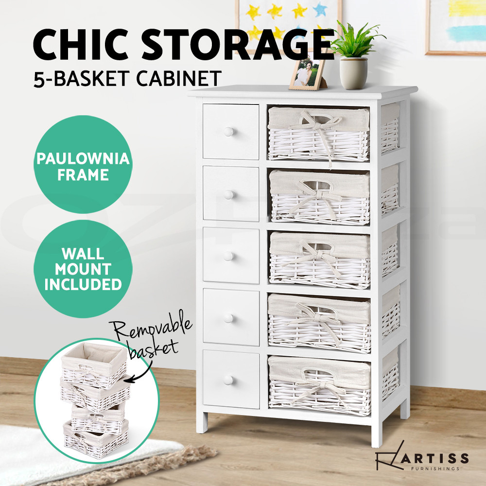 Artiss 5 Drawer Cabinet Dresser White MDF 5 Removable Baskets 47cm x 30cm x 82cm