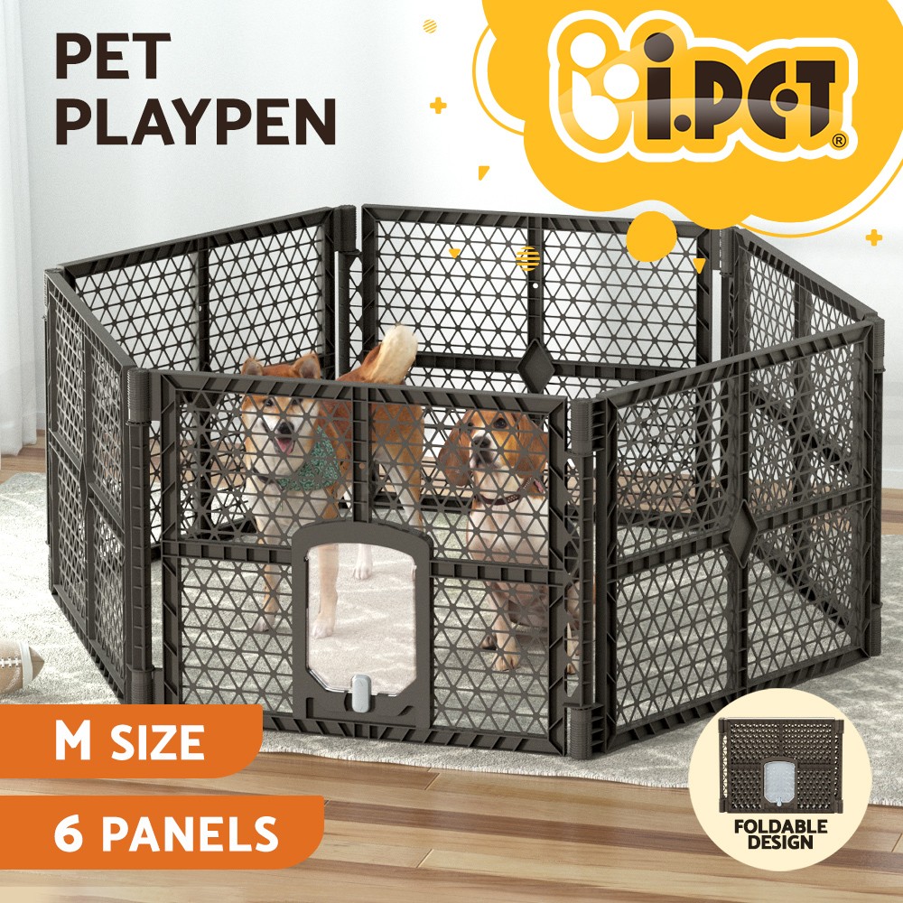 i.Pet Pet Playpen 6 Panel Foldable Lockable PP Plastic Brown Indoor Outdoor Pen