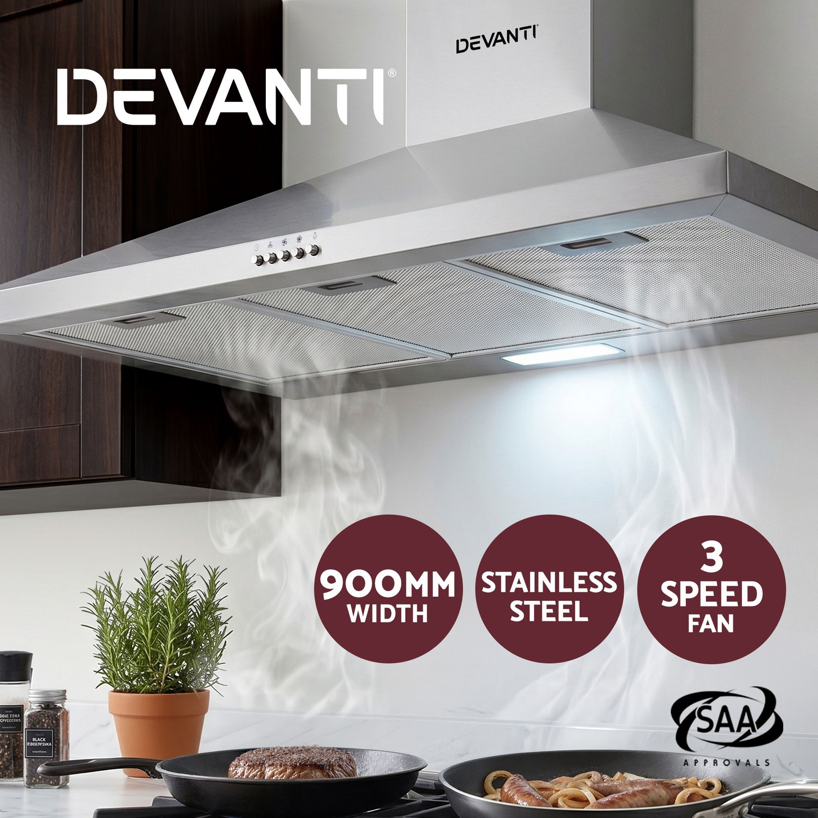 Devanti Wall-Mounted Rangehood RHDA1760SR 600mm Stainless Steel 3-Speed Silver