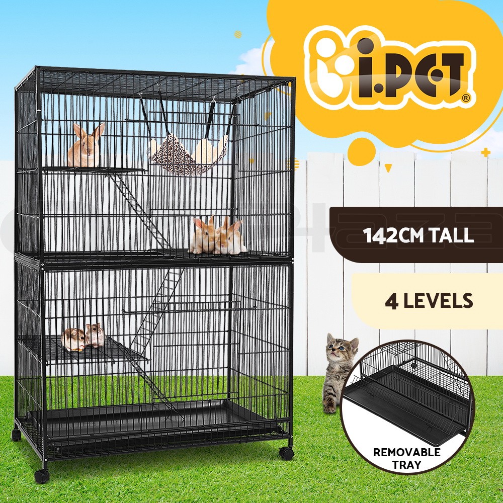 i.Pet Metal Rabbit Cage 4 Level 142cm Black Large Indoor Hutch Guinea Pig Ferret