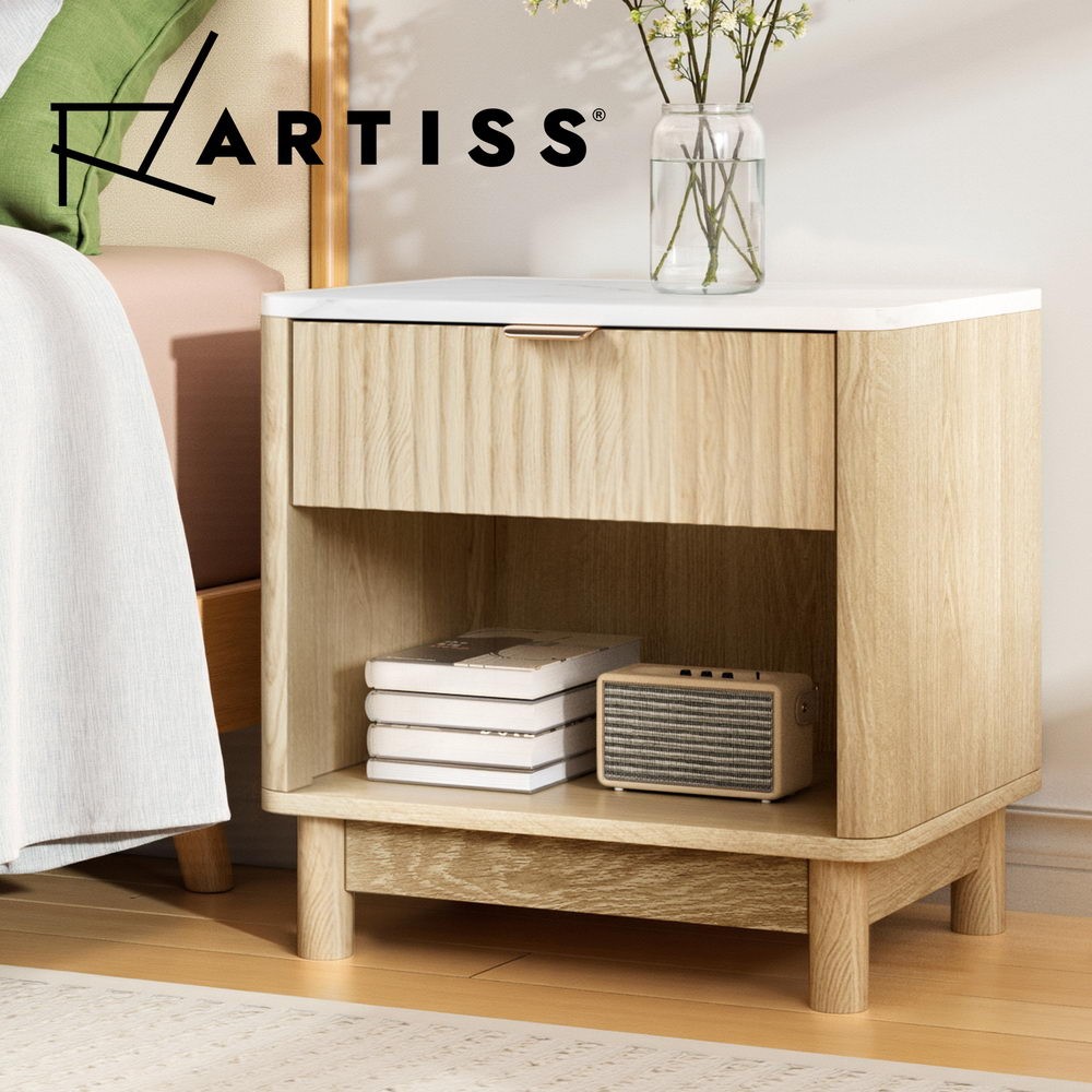Artiss Bedside Table Drawer Nightstand Open Shelf Pine Storage 48cm 35cm 47cm