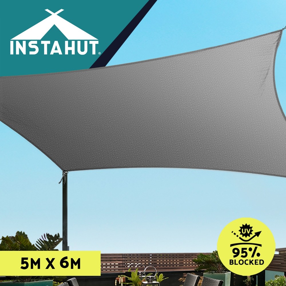 Instahut Rectangle Shade Sail 5x6m Grey Commercial Grade Polyethylene Cloth UV
