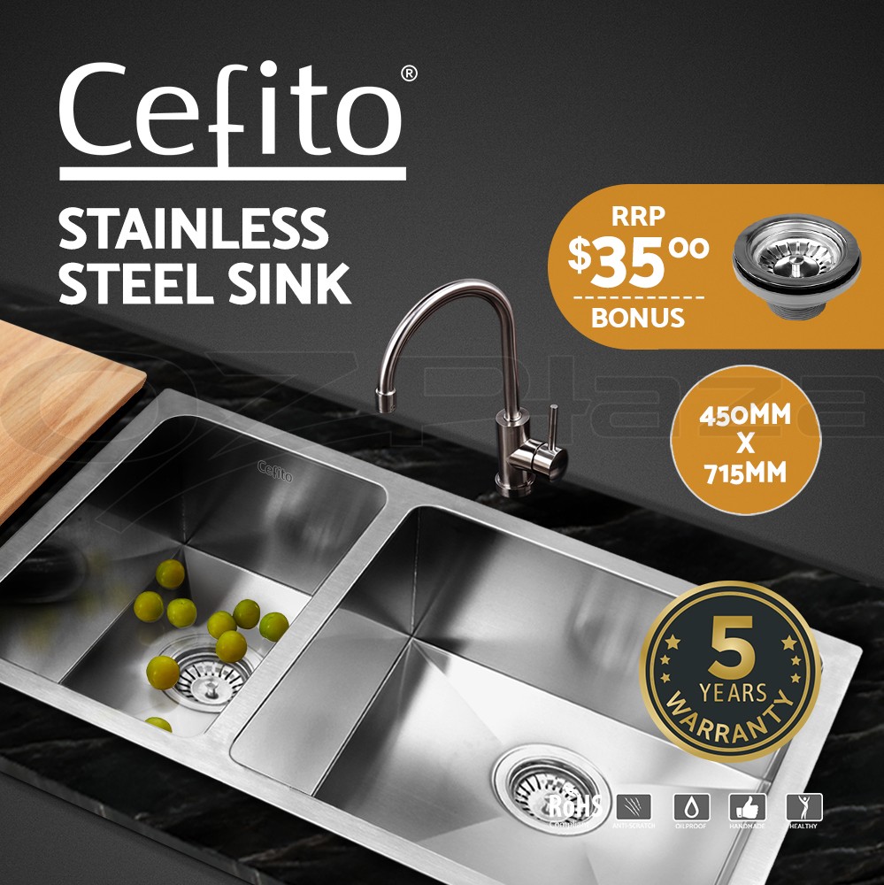 Cefito Handmade Kitchen Sink 715mm 450mm 304 Stainless Steel Double Bowl R10