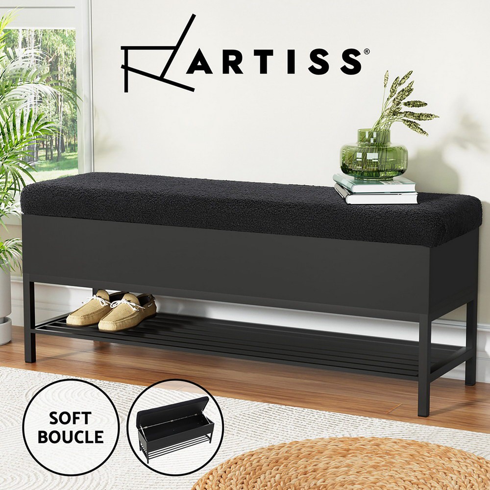 Artiss Boucle Storage Ottoman Bench 110cm Black Hidden Compartment Open Shelf