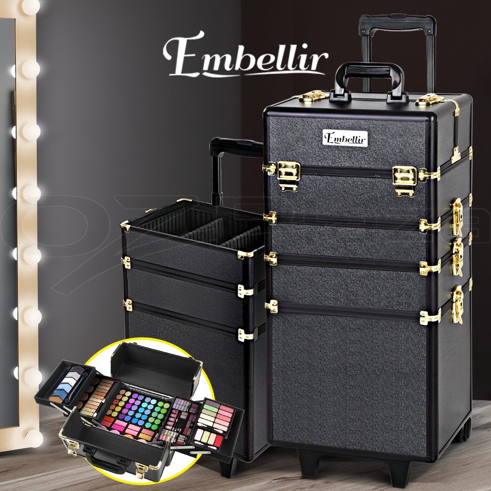 Embellir 7-in-1 Portable Makeup Trolley Case Aluminium Gold Black 75cm Velvet