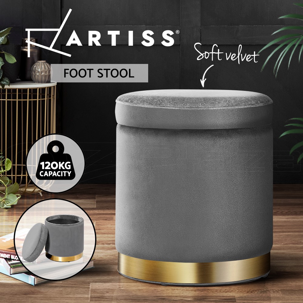 Artiss Round Velvet Storage Ottoman Footstool Charcoal Grey Padded Seat 120KG