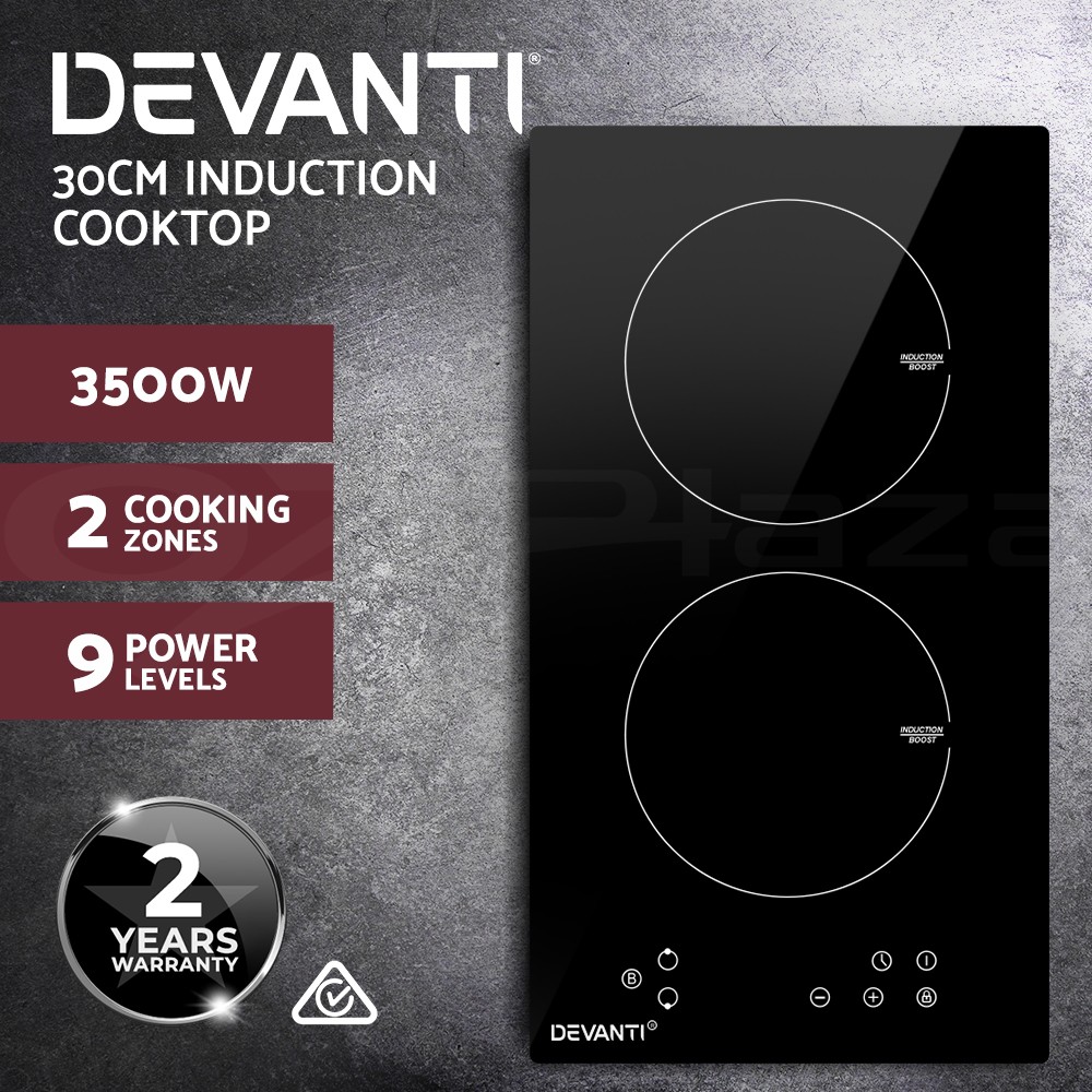 Devanti 30cm Induction Cooktop 3500W Built-In Black Ceramic Glass 2 Zones Touch