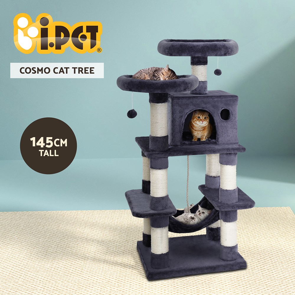 i.Pet Cosmo Cat Tree Tower 145cm Grey Sisal Scratching Post Multi-level Bed
