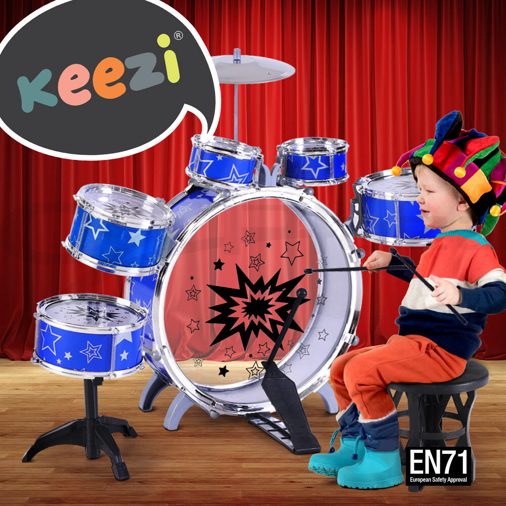 Keezi Kids Jazz Drum Kit Set 11 Piece Blue Stool EN71 Safety Plastic Ages 3