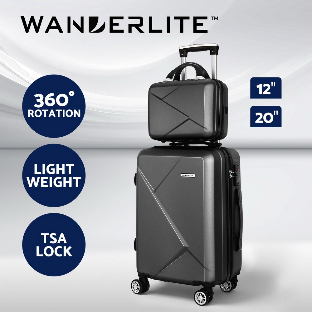 Wanderlite 2pc Luggage Set Hard Shell Trolley TSA Lock Spinner Black 12 20 ABS