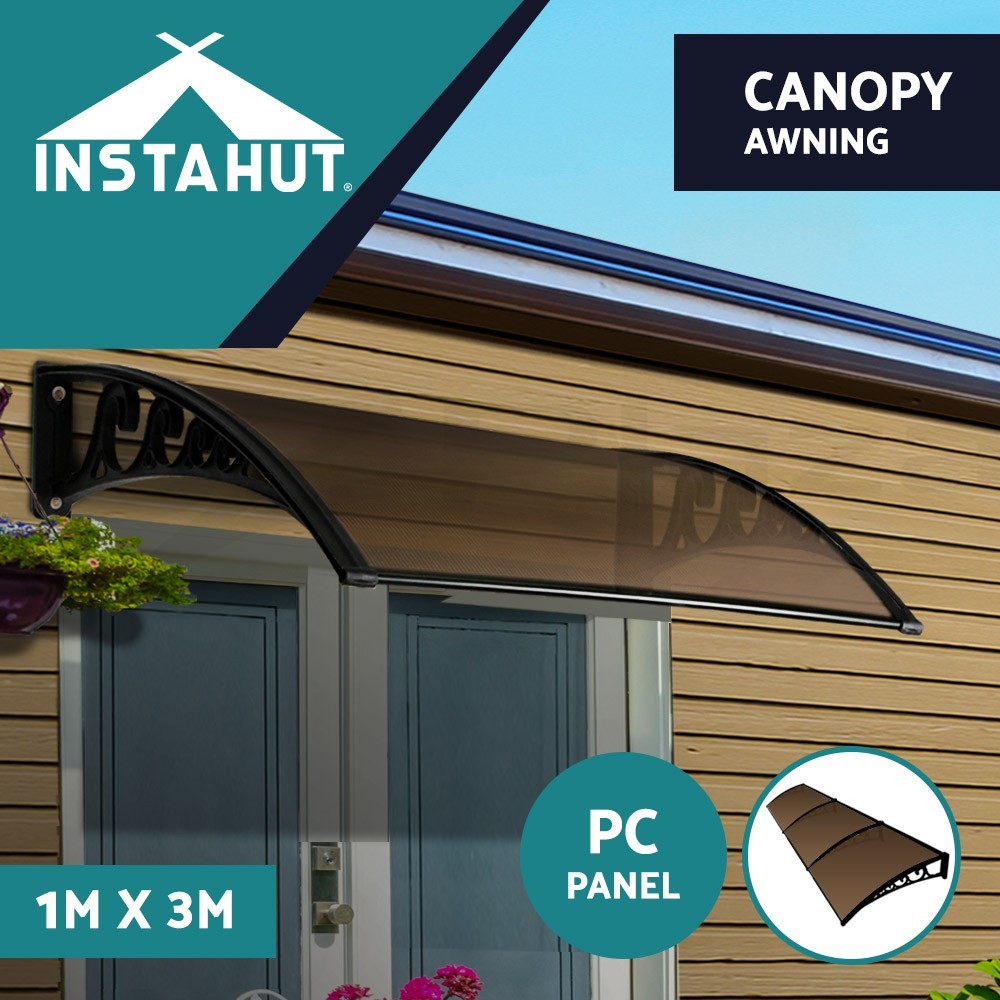 Instahut Door Window Awning 1X3M Brown Black 5mm Hollow PC Panel Aluminium Bar