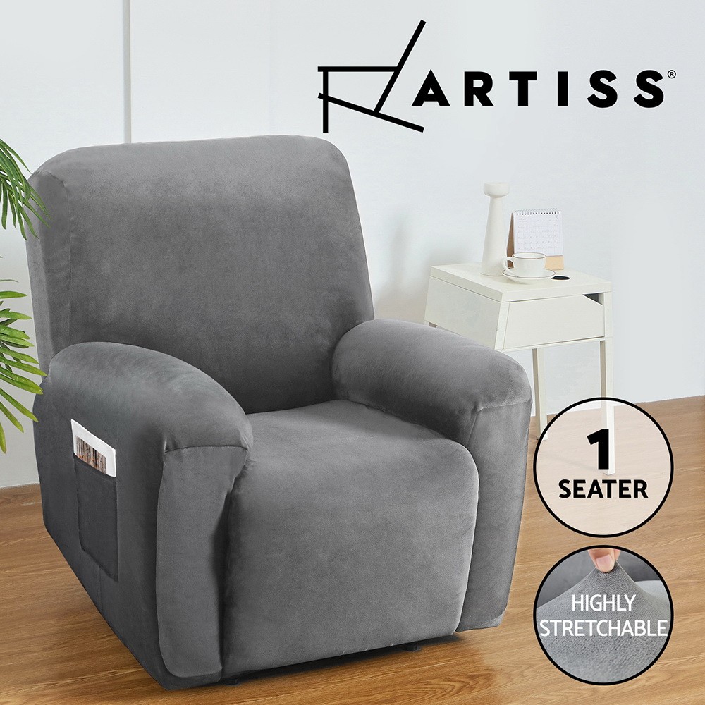 Artiss Recliner Chair Slipcover Velvet Stretch 1 Seater Grey Anti-Slip Elastic