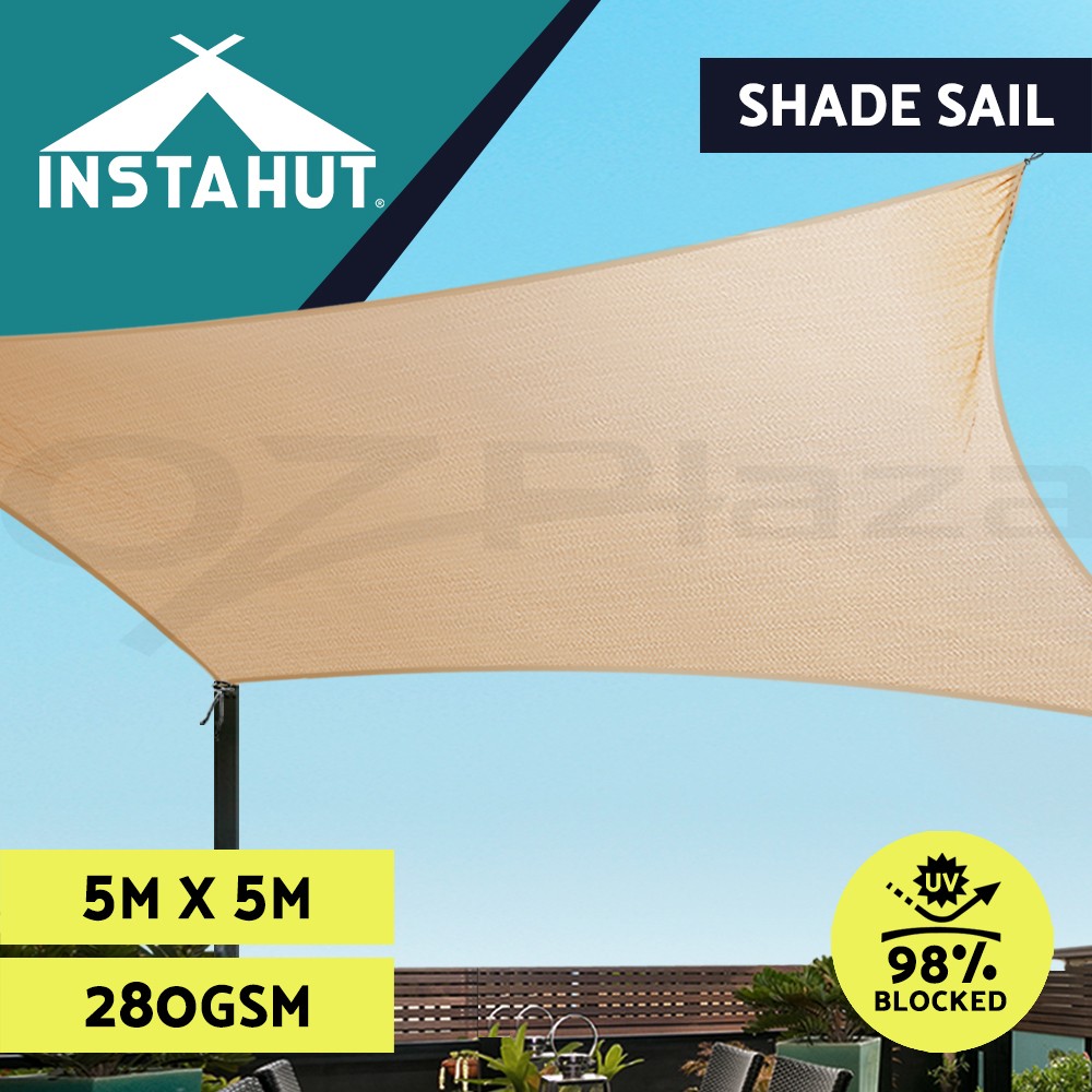Instahut Shade Sail Square 5x5m 280gsm Sand Beige UV Blockage Outdoor Canopy