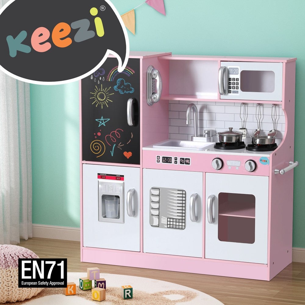 Keezi Wooden Pretend Kitchen Play Set Pink 80cm Oven Blackboard Pot Ice Cup MDF