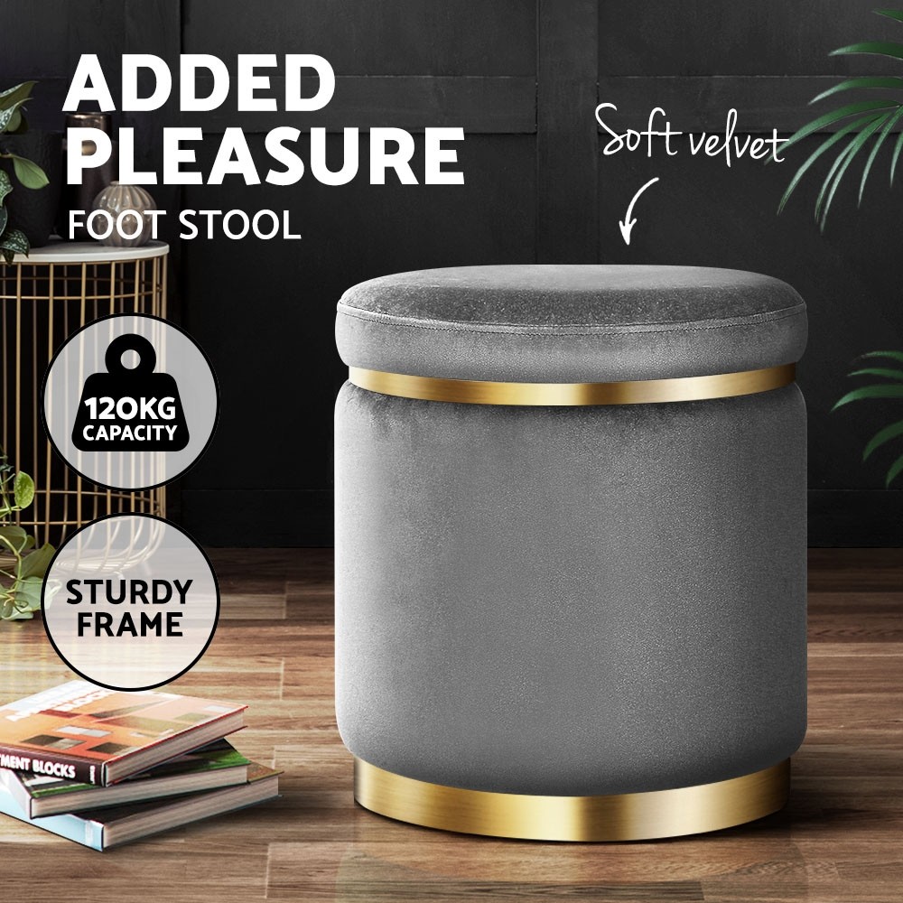 Artiss Ottoman Foot Stool FS-B-675-VEL-CH Round Velvet Charcoal Grey 45cm 120 kg