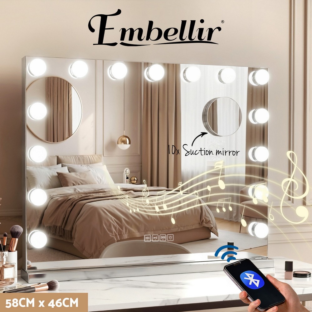 Embellir Bluetooth Makeup Mirror 58x46cm 15 LED Bulbs USB Charger Wall Mounted