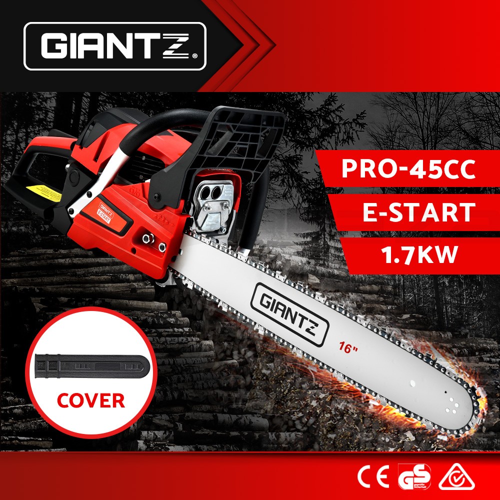 Giantz Petrol Chainsaw 45cc 2-Stroke 16&apos Bar Chain E-Start Commercial Red