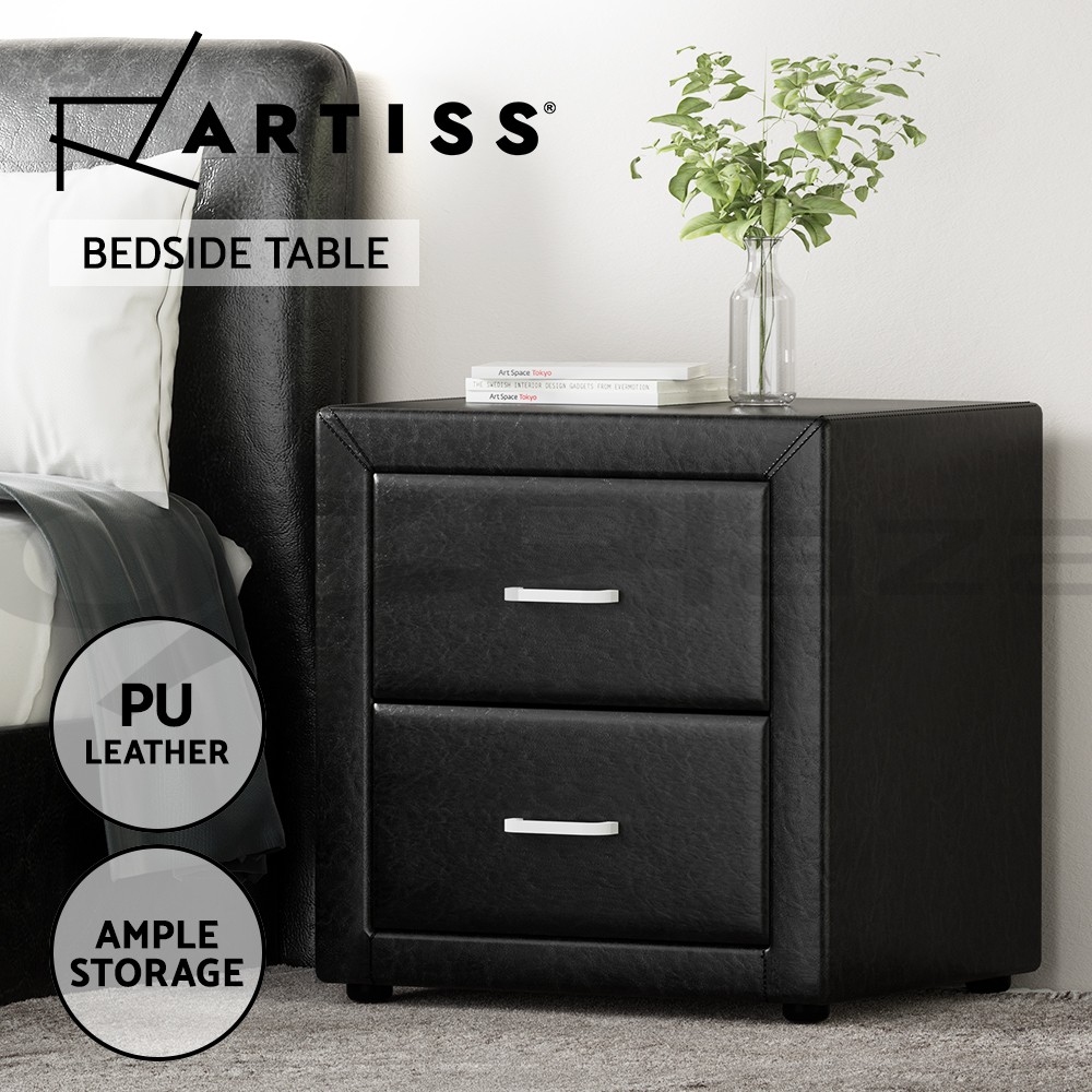 Artiss Caden Bedside Table 2 Drawers Black PU Leather Storage Nightstand Modern