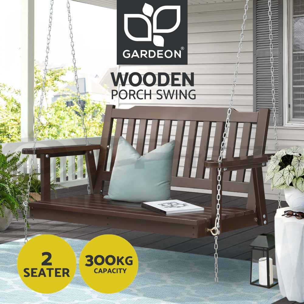 Gardeon Wooden Porch Swing Chair 2 Seat Brown With Chain 119cm Outdoor Fir 300kg