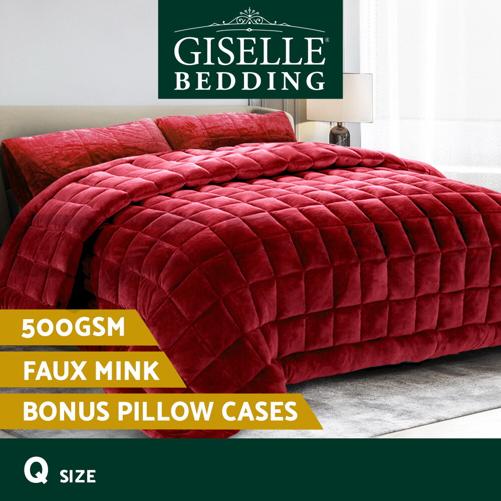 Giselle Bedding Faux Mink Quilt Queen Burgundy 500gsm Winter Pillowcase Warm