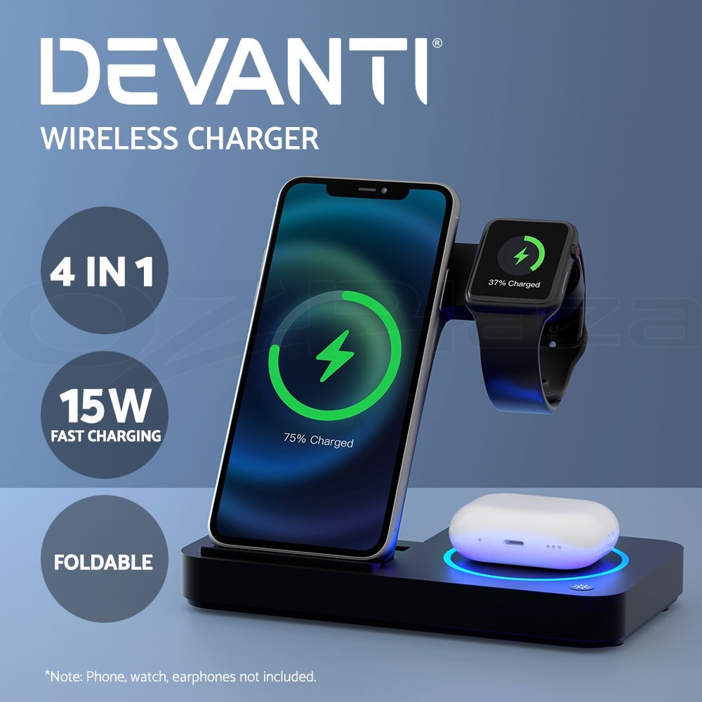 Devanti 4-in-1 Wireless Charger Dock Fast for Apple iWatch Airpod Black Desktop
