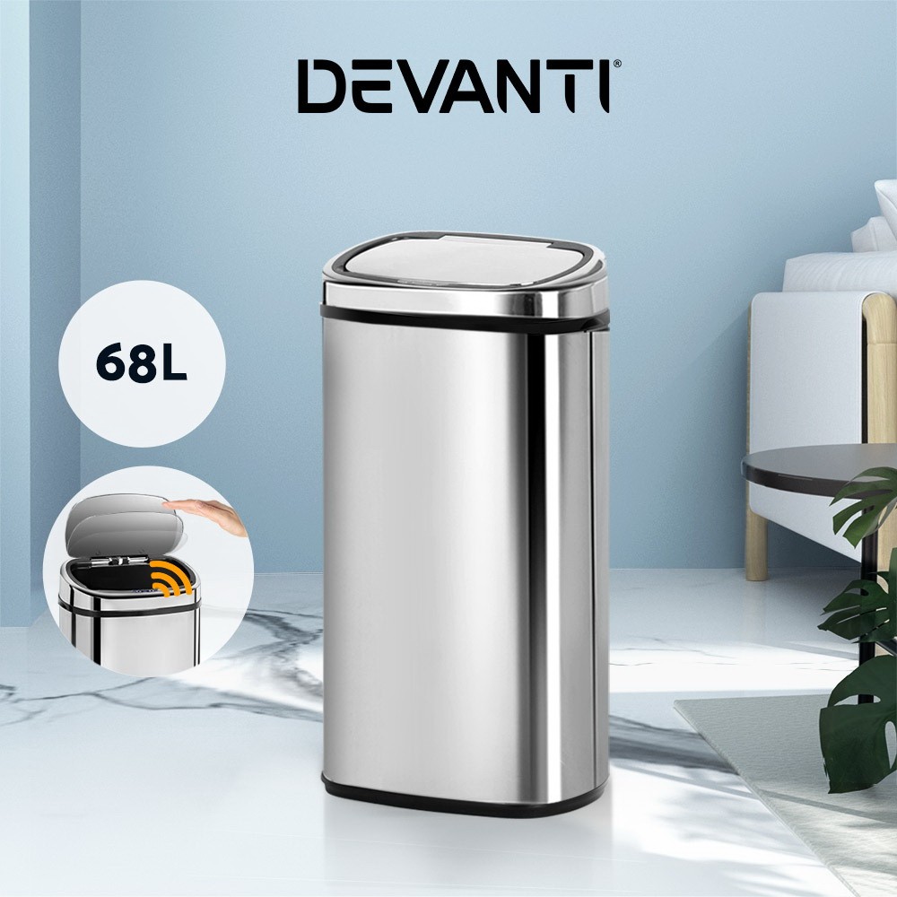 Devanti 68L Motion Sensor Bin Black Hands-free Automatic Rubbish Stainless Steel