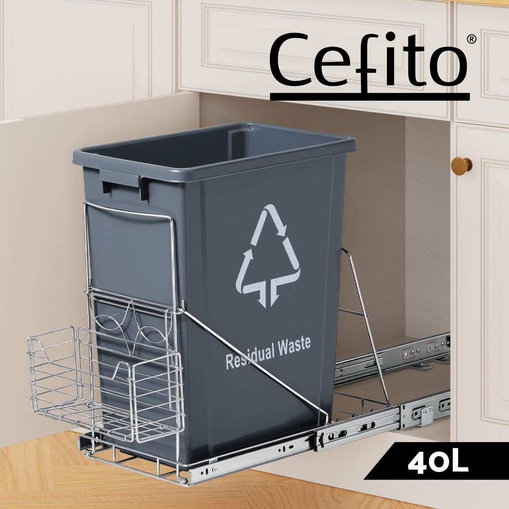 Cefito Pull-Out Bin Kitchen Cabinet Slide 40L Grey Plastic Bottom Mount Basket