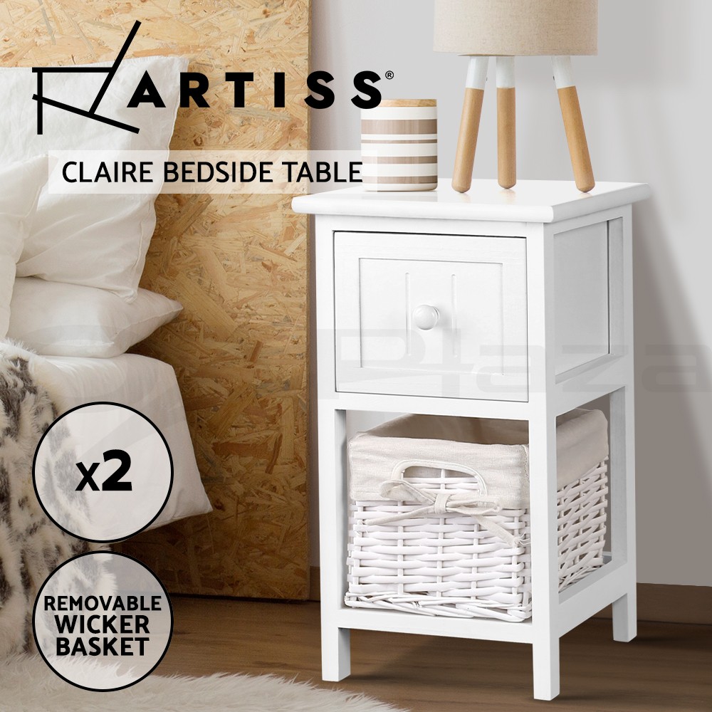 Artiss 2x Bedside Tables White Storage Drawer wicker Baskets 25cm 30cm 45cm
