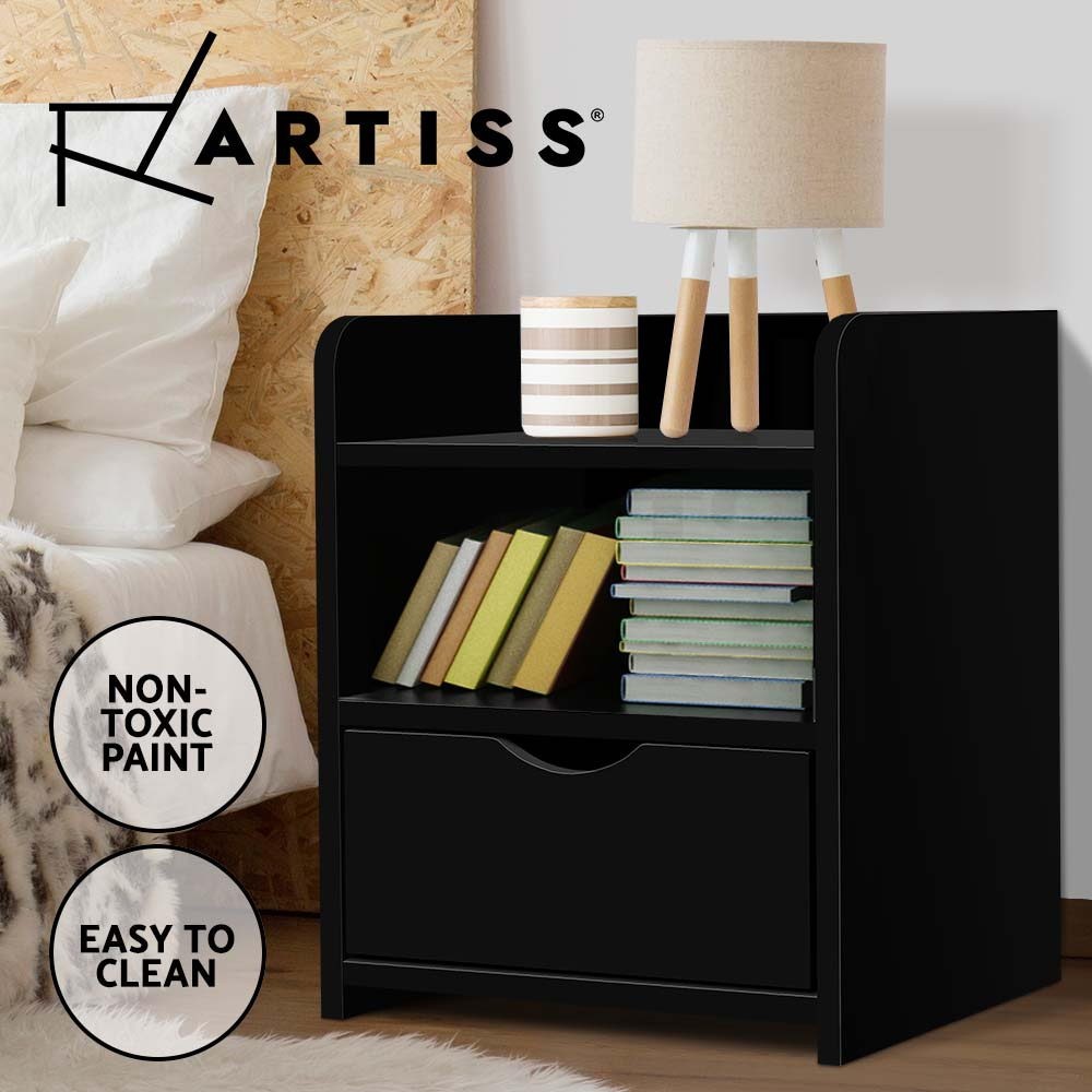 Artiss FARA Bedside Table 2 Drawers Black LDF Wood Storage Cabinet Shelves 15mm