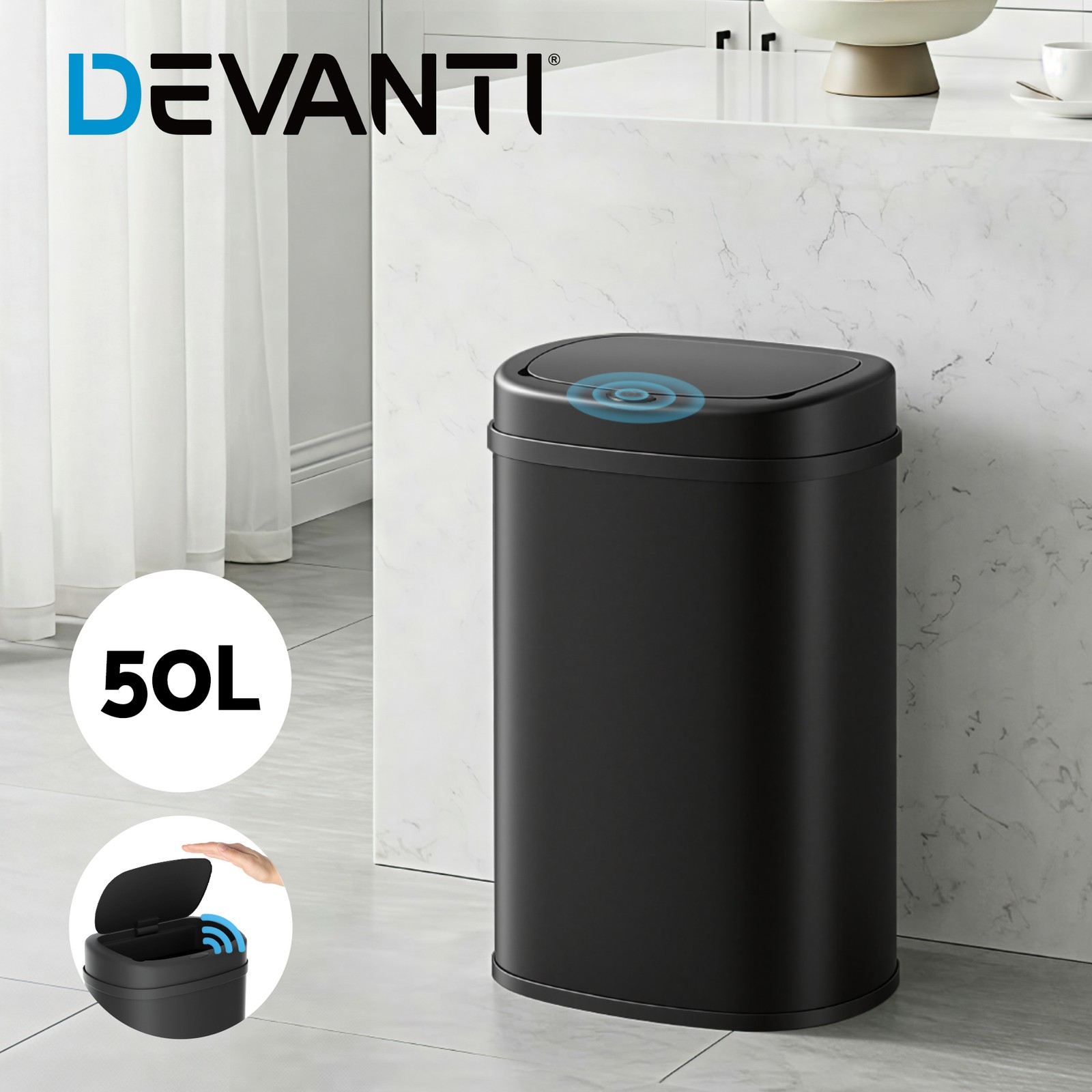 Devanti 50L Motion Sensor Bin Automatic Rubbish Trash Can Black Stainless Steel