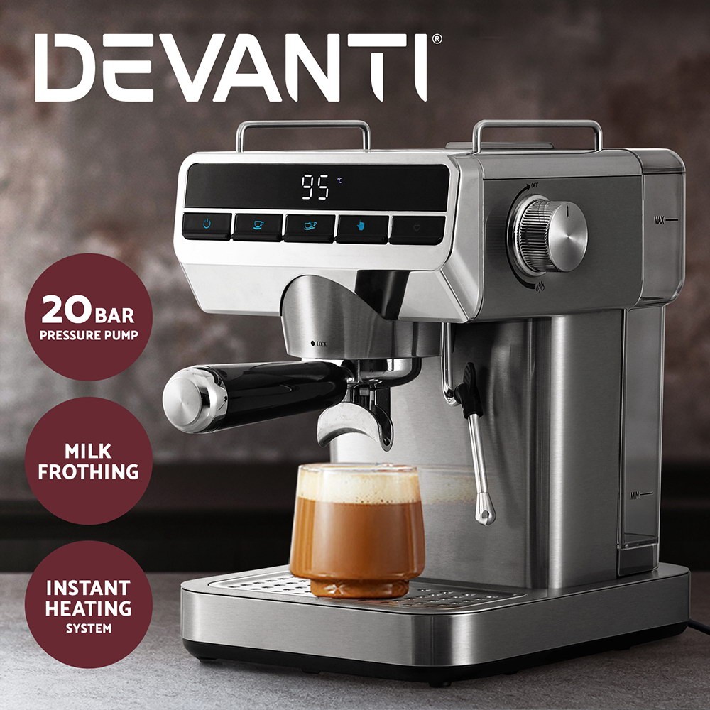 Devanti Espresso Coffee Machine 20 Bar Milk Frother 1.2L Silver Stainless Steel