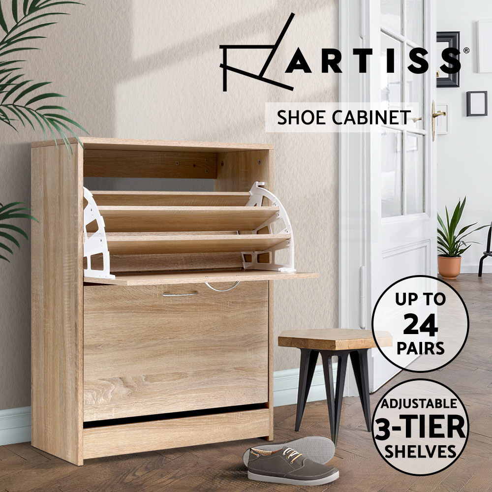 Artiss Shoe Cabinet 2 Compartments Adjustable Shelves 24 Pairs Particle Board
