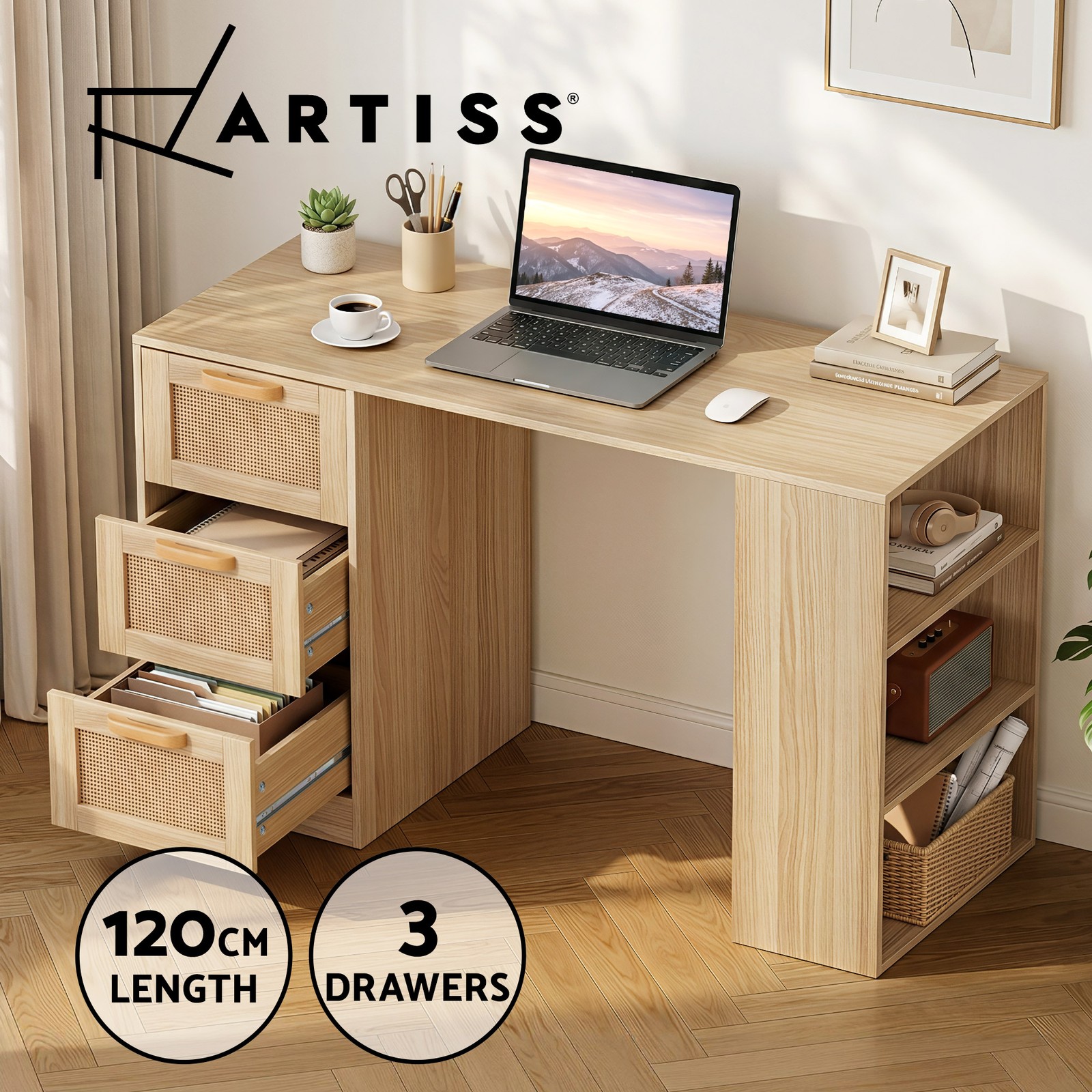 Artiss Rattan Computer Desk 3 Drawers 3-Tier Shelf Particle Board 120cm 48cm