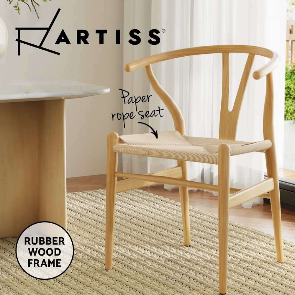 Artiss Wishbone Dining Chair Rubber Wood Kraft Paper Seat 120kg Easy Assembly