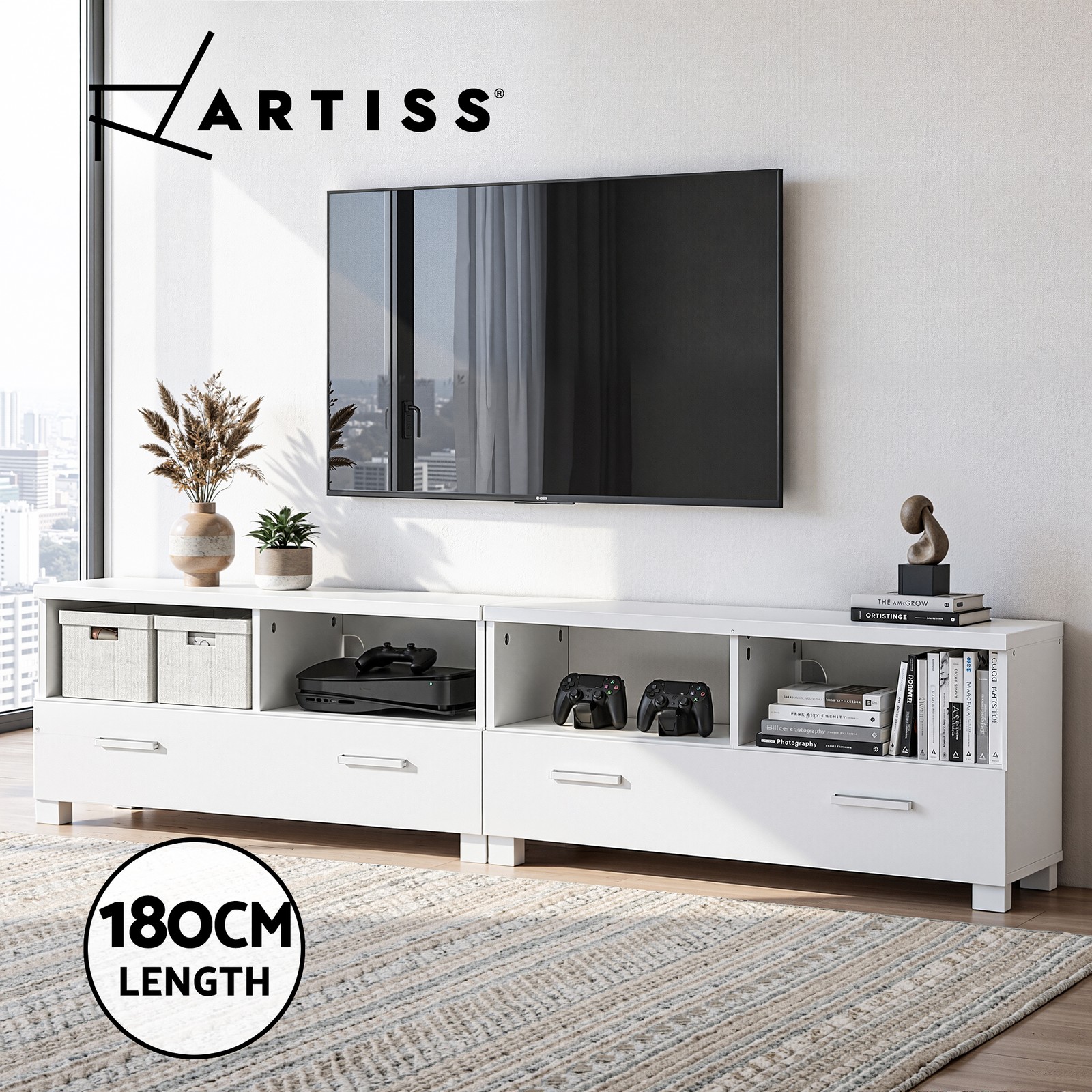 Artiss TV Cabinet Entertainment Unit 180cm White 3-in-1 Open Storage 4 Drawers