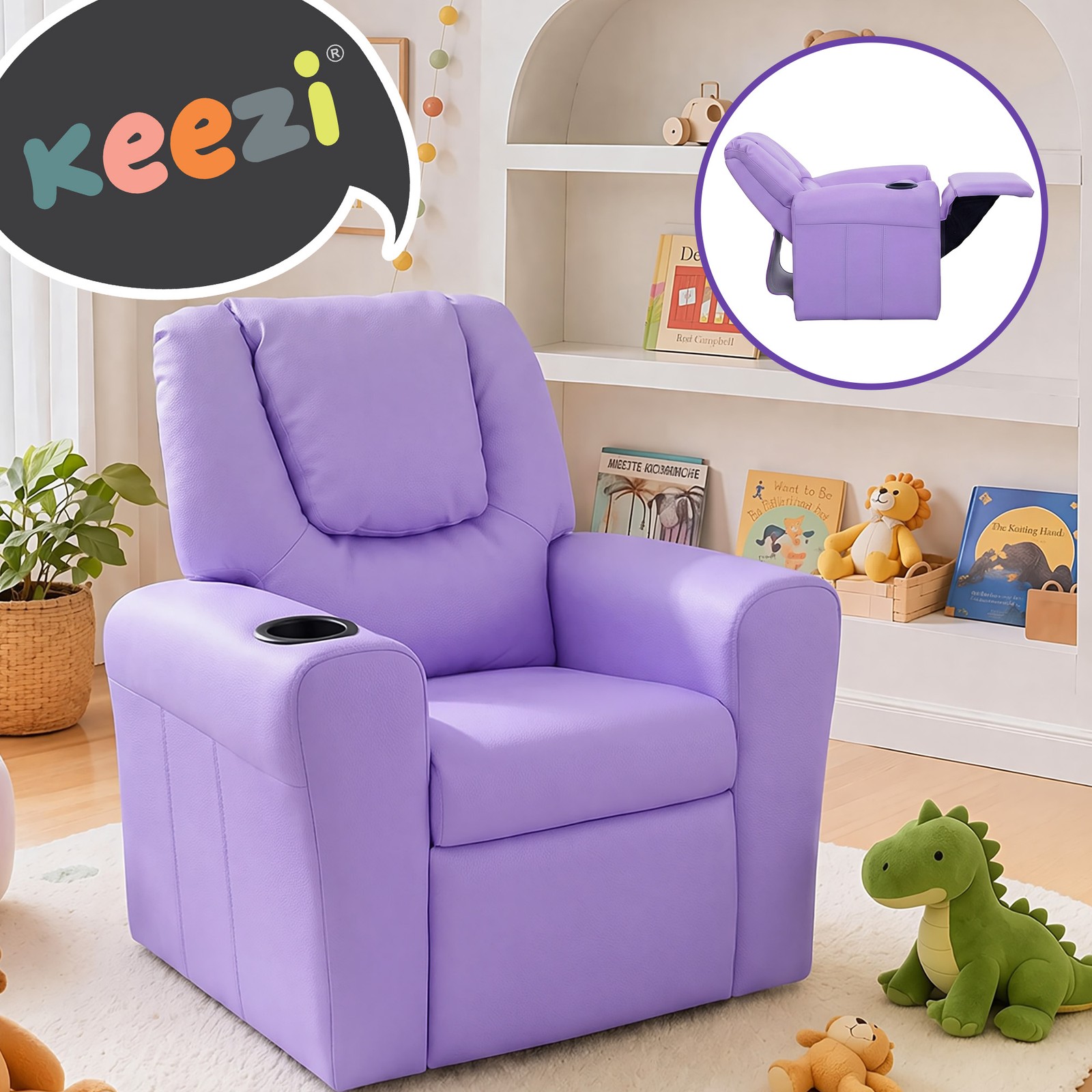 Keezi Kids Recliner Chair PU Leather Purple 65 cm 42 cm 61cm Built-in Cup Holder