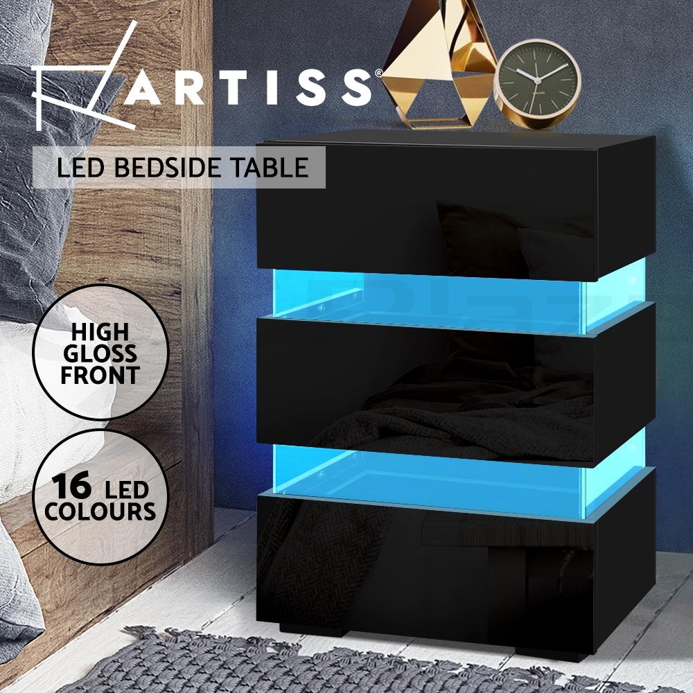 Artiss LED Bedside Table 3 Drawers RGB 16 Colours Gloss Black 45cm 35cm 67cm