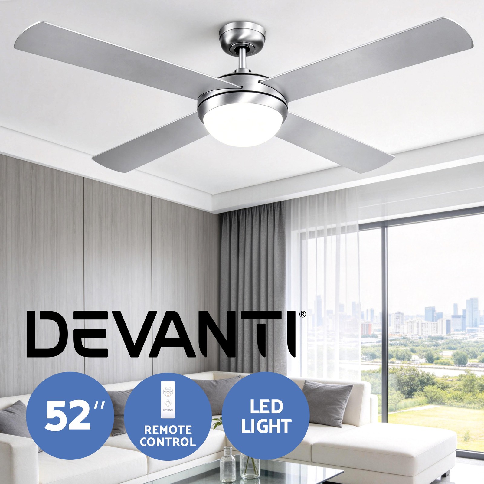 Devanti 52-inch Modern Ceiling Fan 4 Wooden Blades LED Light Remote Control