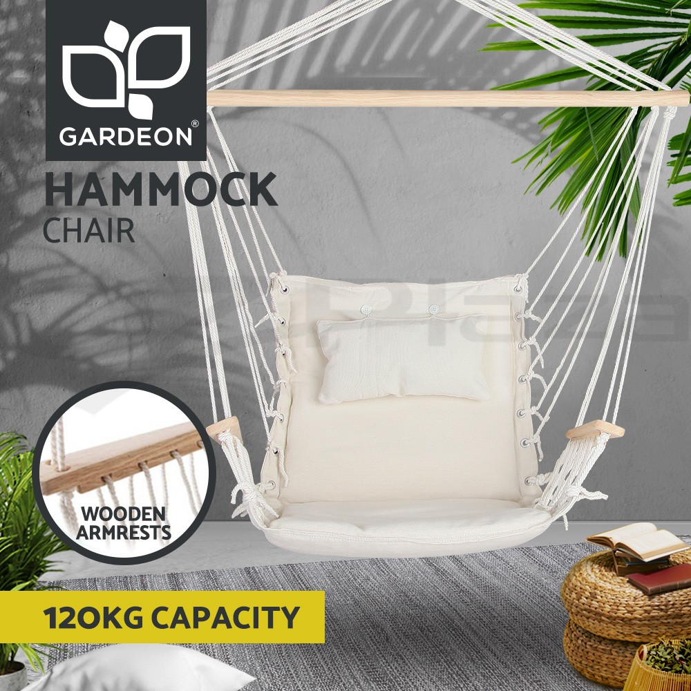Gardeon Hammock Chair Hanging Rope Outdoor Portable Cream/Grey 120kg Armrest
