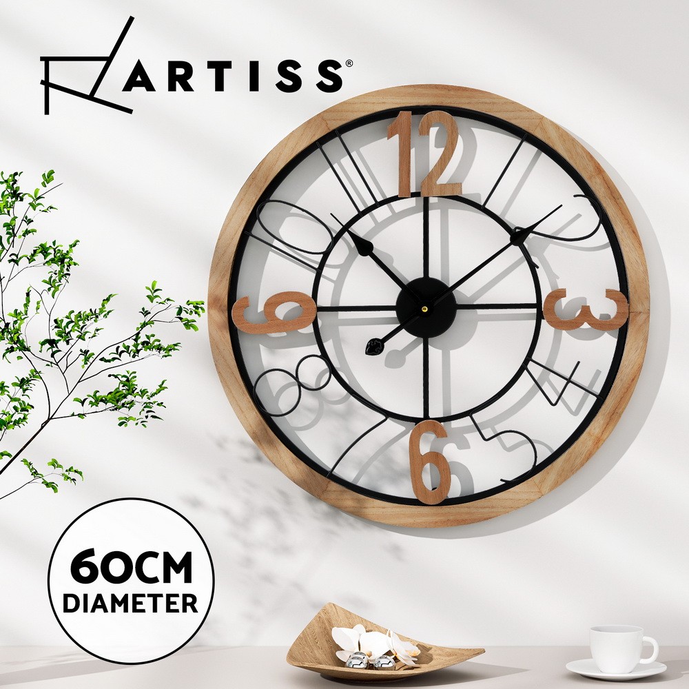 Artiss Wall Clock 60cm Large Metal MDF Black Pine Arabic Numerals Modern Decor
