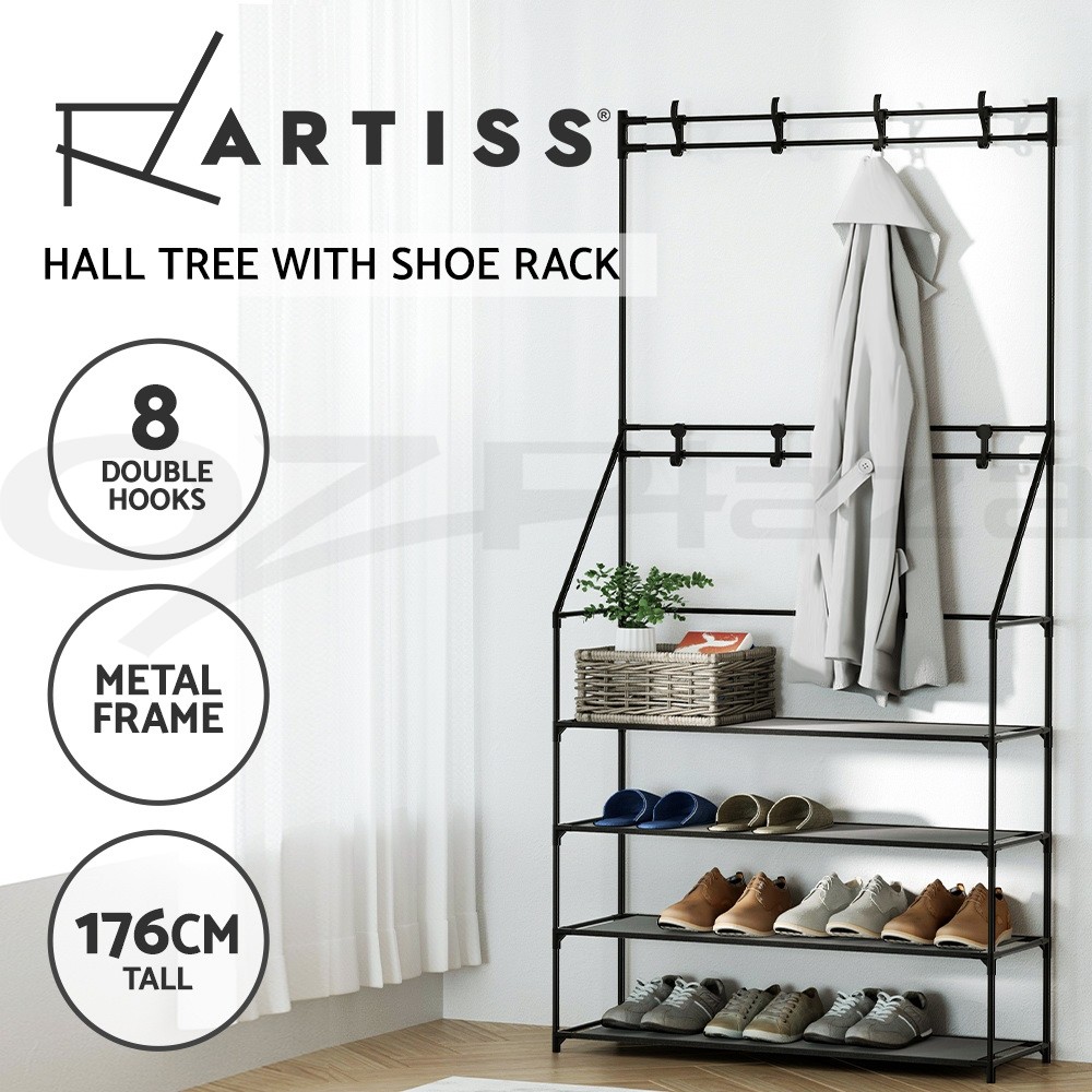 Artiss 3-in-1 Shoe Rack Storage Hall Tree Coat Hat Stand Metal 16 Pairs Black